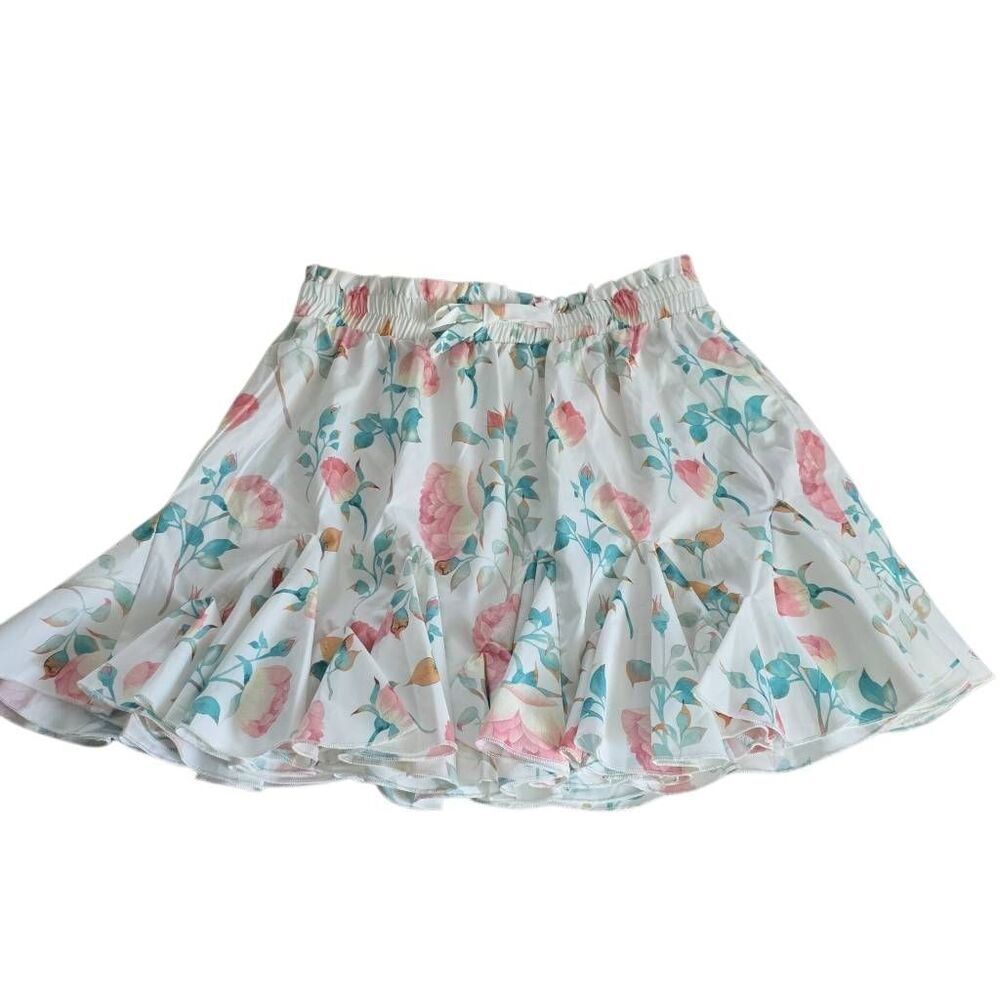 Shein Girl's Size 10 White Pink Green Rose Print Ruffle Skirt